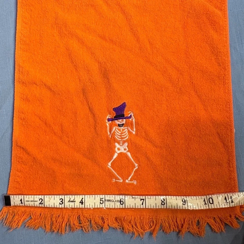 Orange Halloween Hand Towel Embroidered Dancing Skeleton Purple Top Hat Fringe